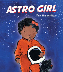 Illustration of young girl with helmet in hand and dog floating in space