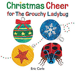 A grumpy ladybug surrounded by three christmas tree decorations