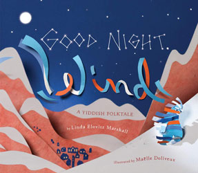A snow covered mountain scene with "good night" in the stars and "wind" written with ribbons