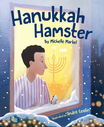 A man and hamster looking at snow out a window with a menorah in the background 