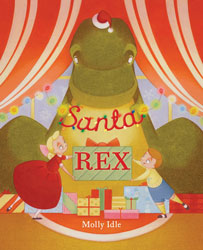 A large t-rex holding a sign saying santa while two children hold a gift holding gifts