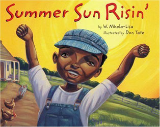 A boy with arms stretched out in enjoyment and a rising sun over a farm