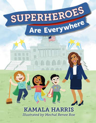 Illustration of a group of enthusiastic children with Kamala Harris on the White House lawn