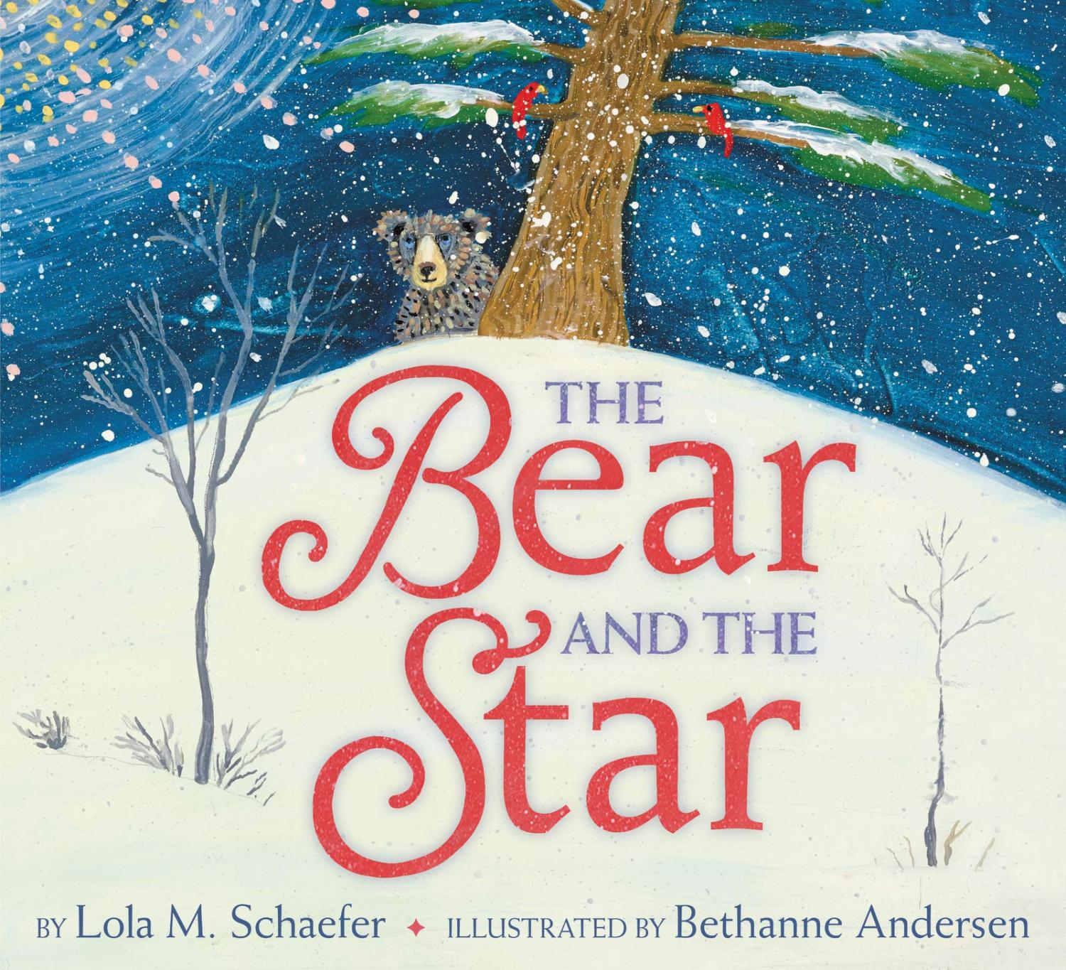 A bear peeking out of tree on a snowy hill, stars fill the night sky